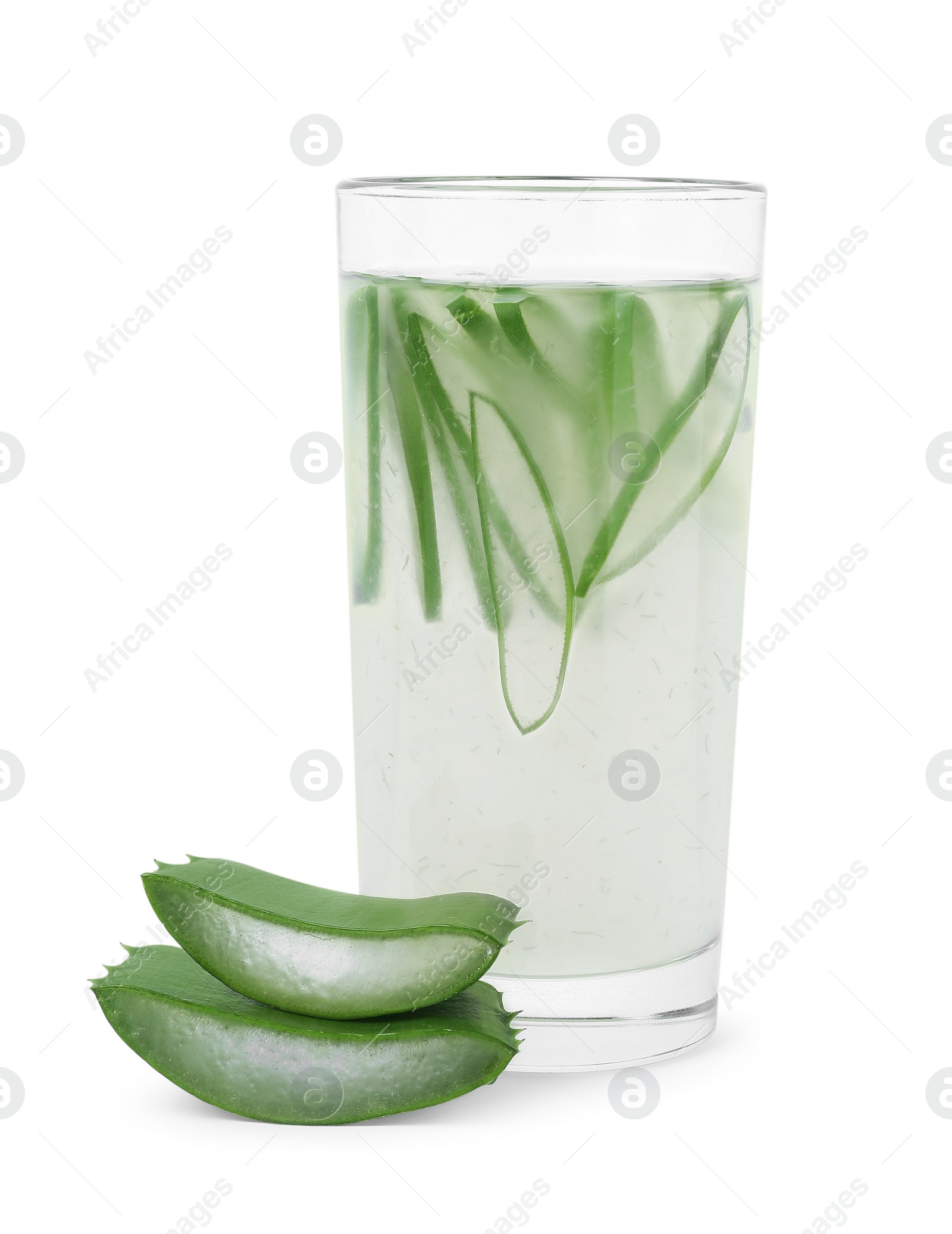 Photo of Tasty aloe juice in glass and cut fresh leaves isolated on white