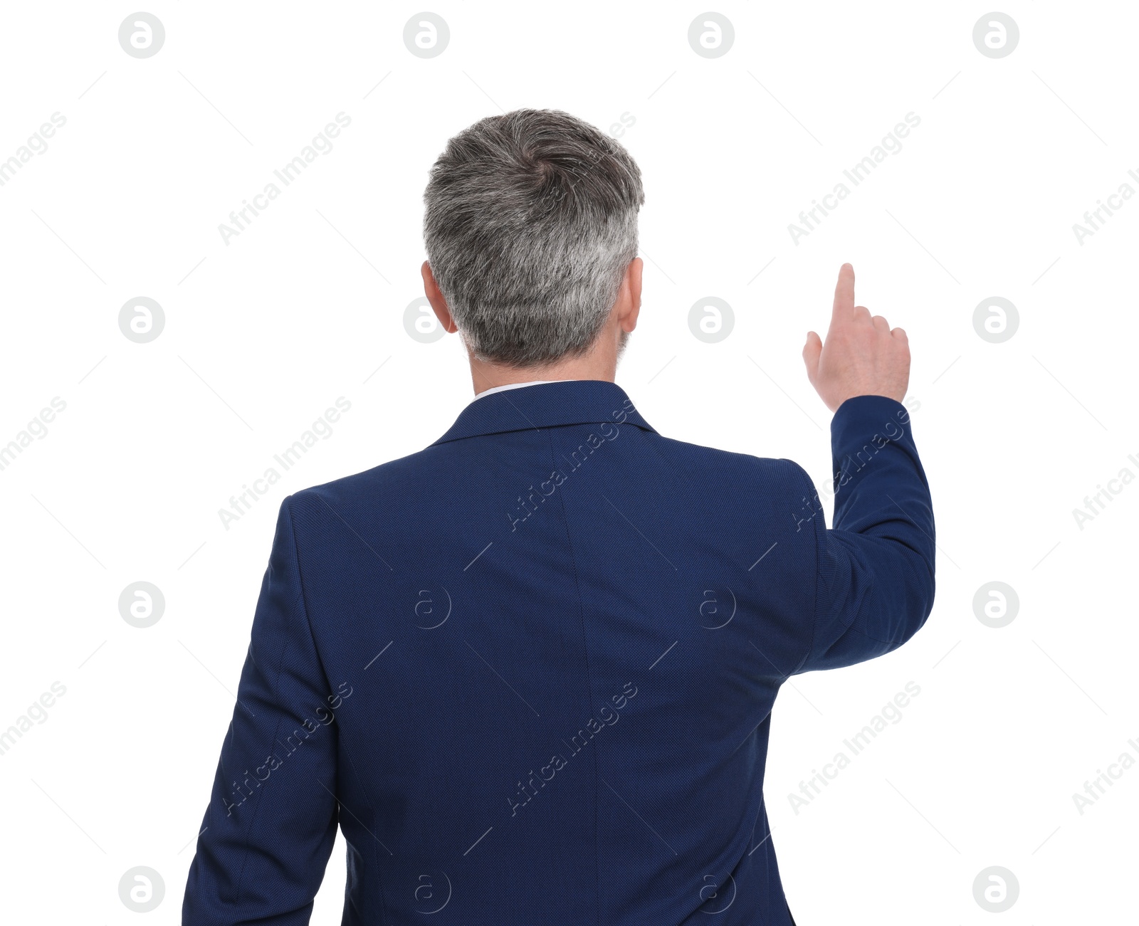 Photo of Mature businessman in stylish clothes posing on white background, back view