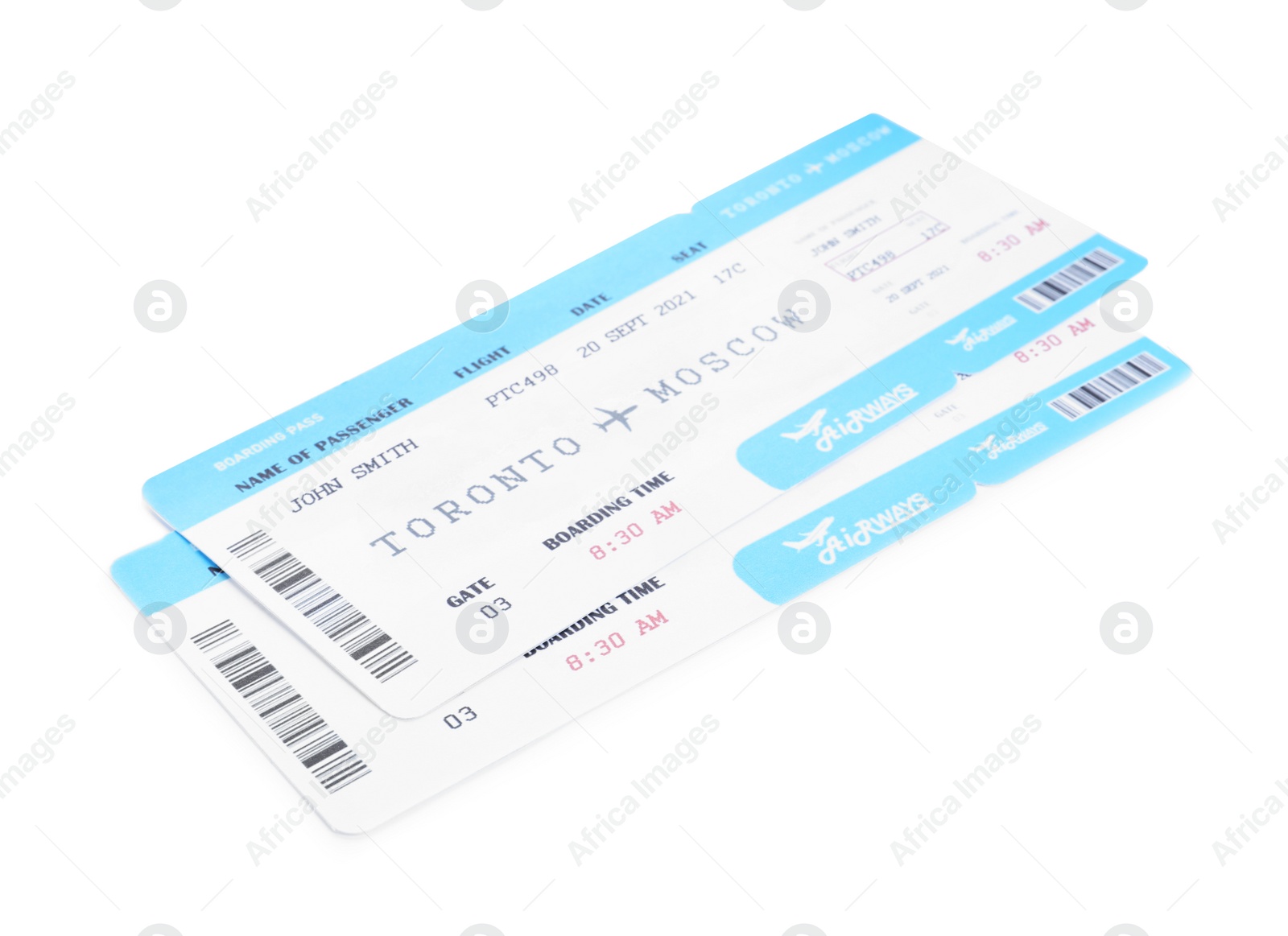 Photo of Tickets isolated on white. Travel agency concept