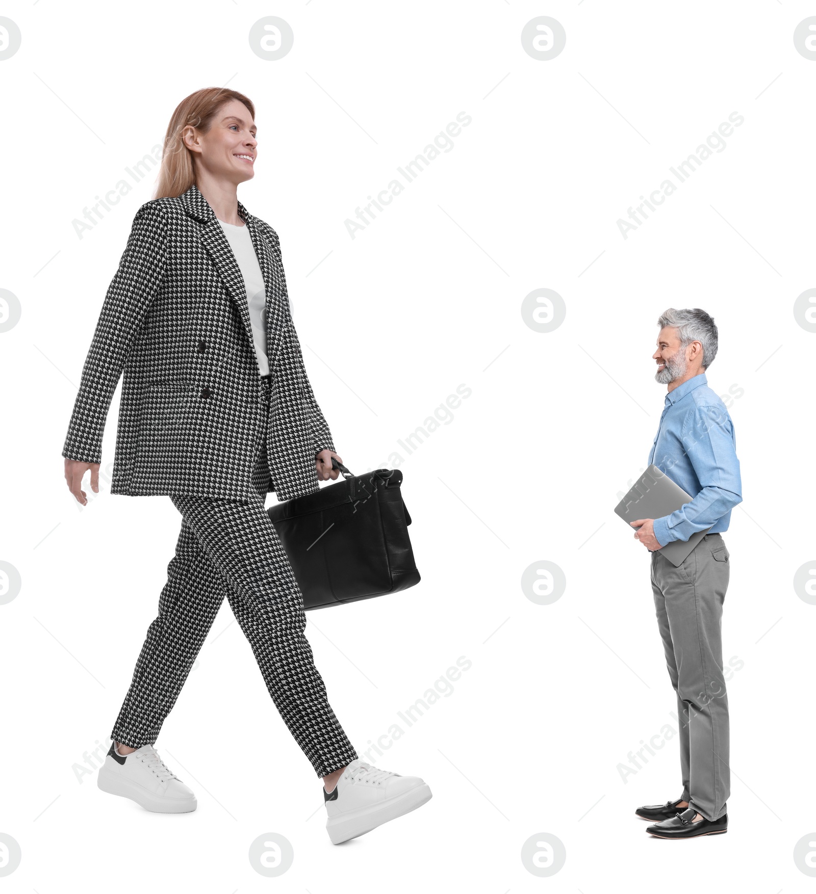 Image of Giant woman and small man on white background