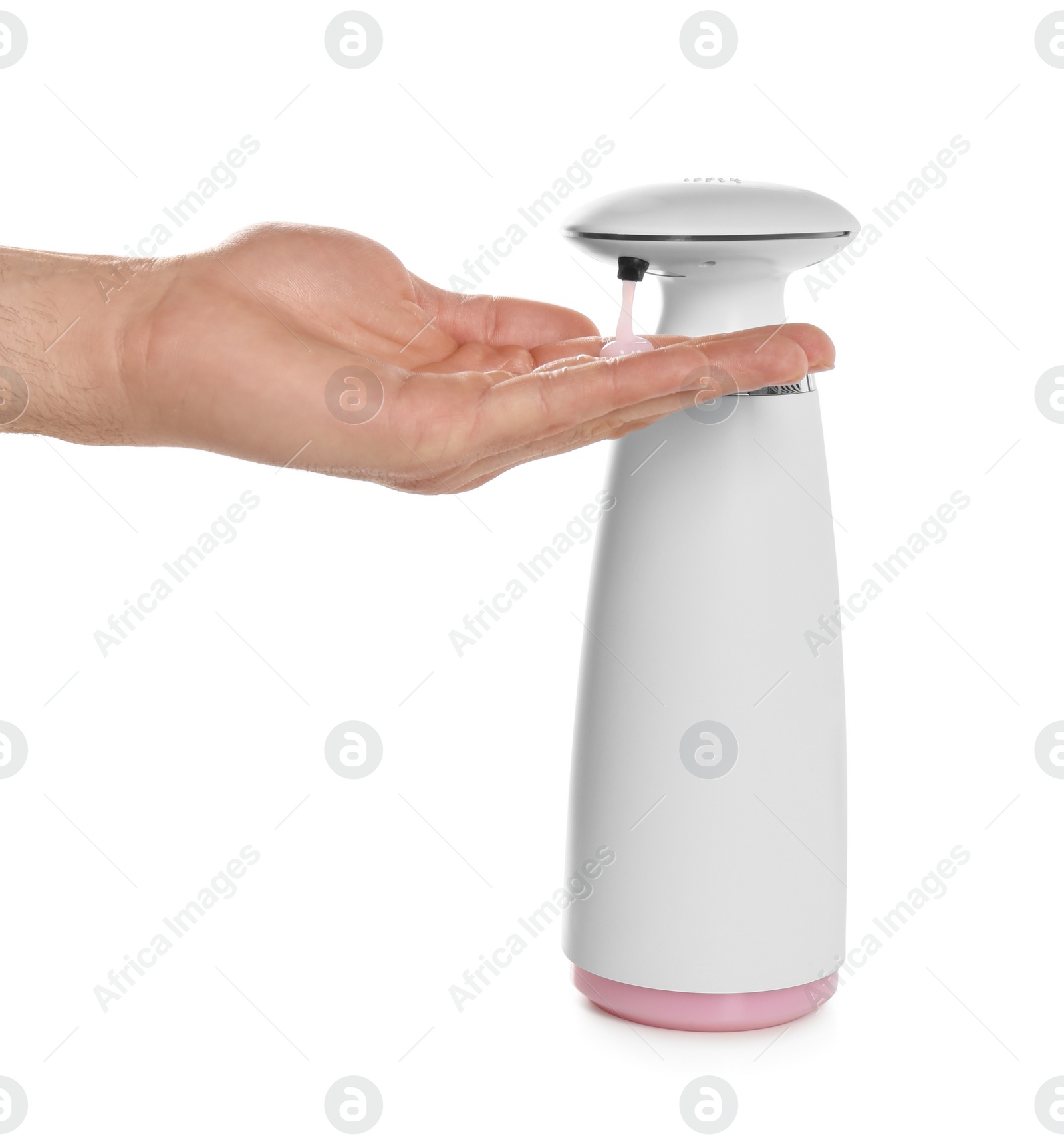 Photo of Man using automatic soap dispenser on white background, closeup