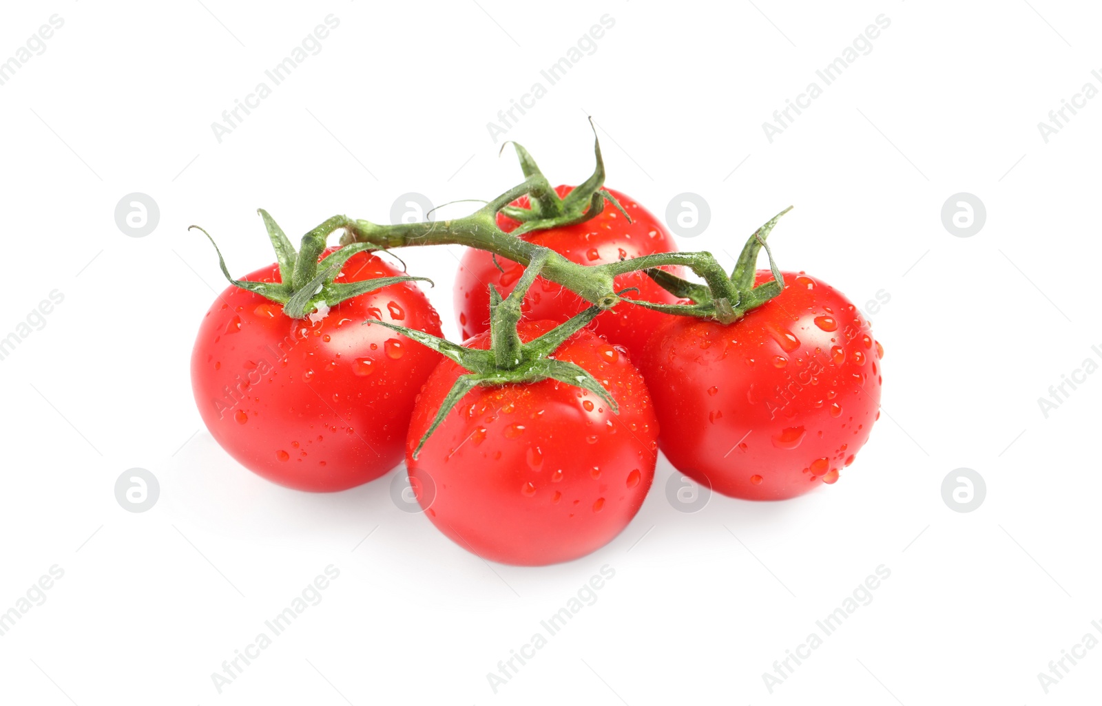 Photo of Branch of fresh cherry tomatoes isolated on white