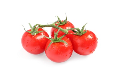 Photo of Branch of fresh cherry tomatoes isolated on white