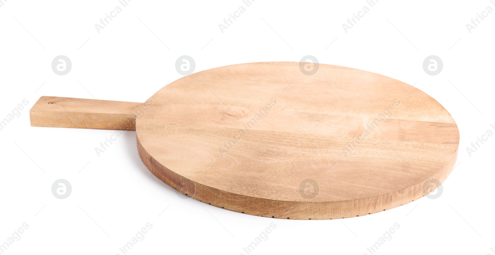 Photo of Round wooden cutting board isolated on white