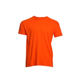 Photo of Mannequin with orange men's t-shirt isolated on white. Mockup for design