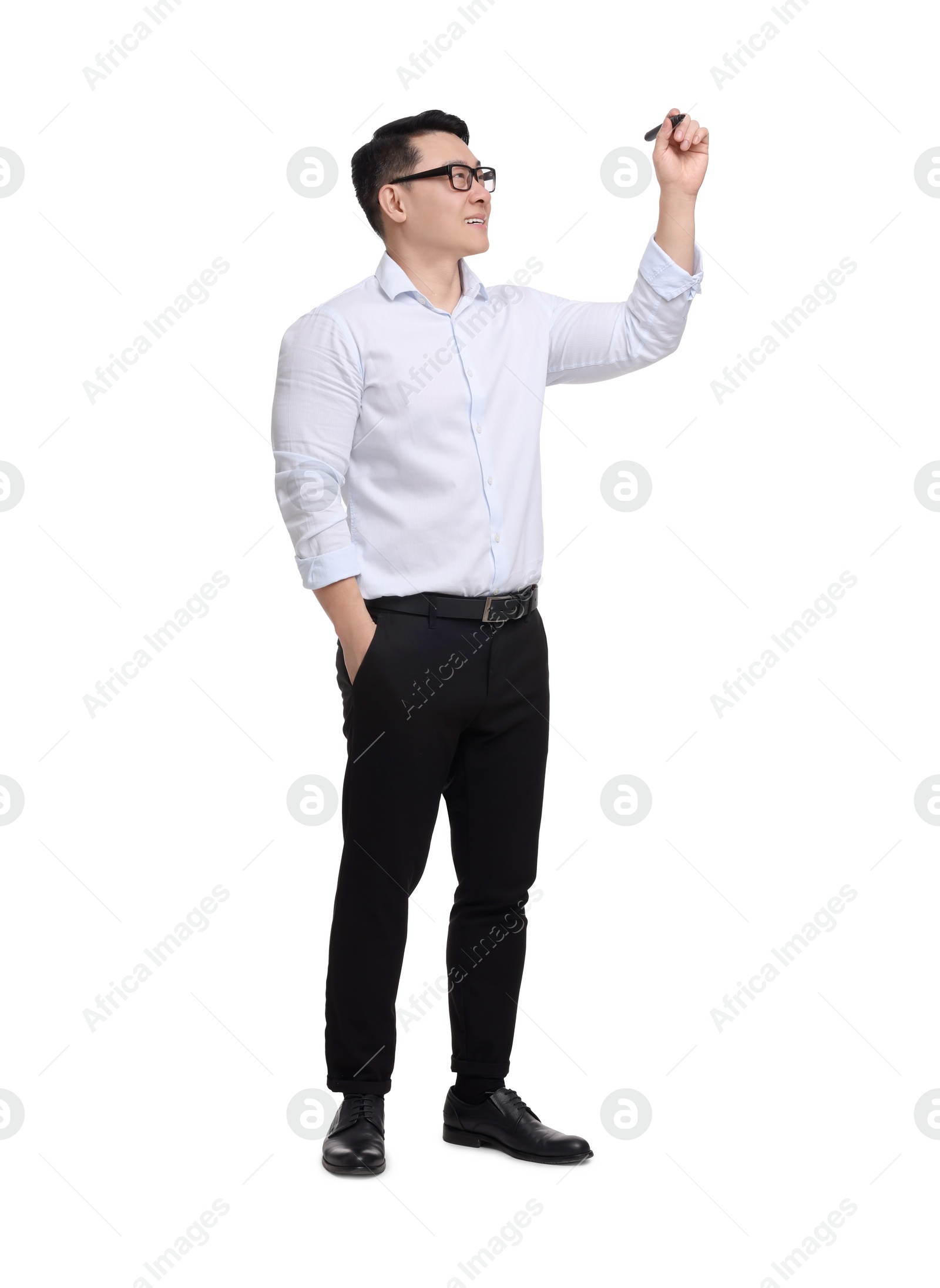 Photo of Businessman with marker writing on white background