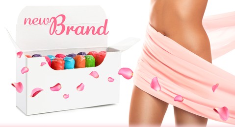 Image of Tampons in package and woman with silk fabric on white background, banner design. Mockup for your brand 