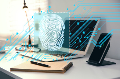 Image of Fingerprint identification. Modern laptop and smartphone on table indoors