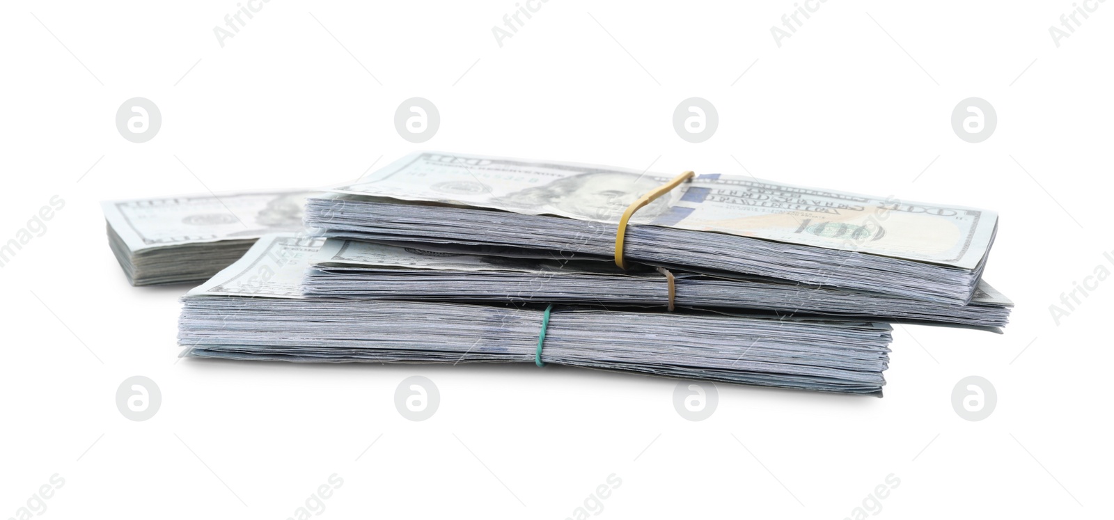 Photo of Many dollar banknotes on white background. American national currency