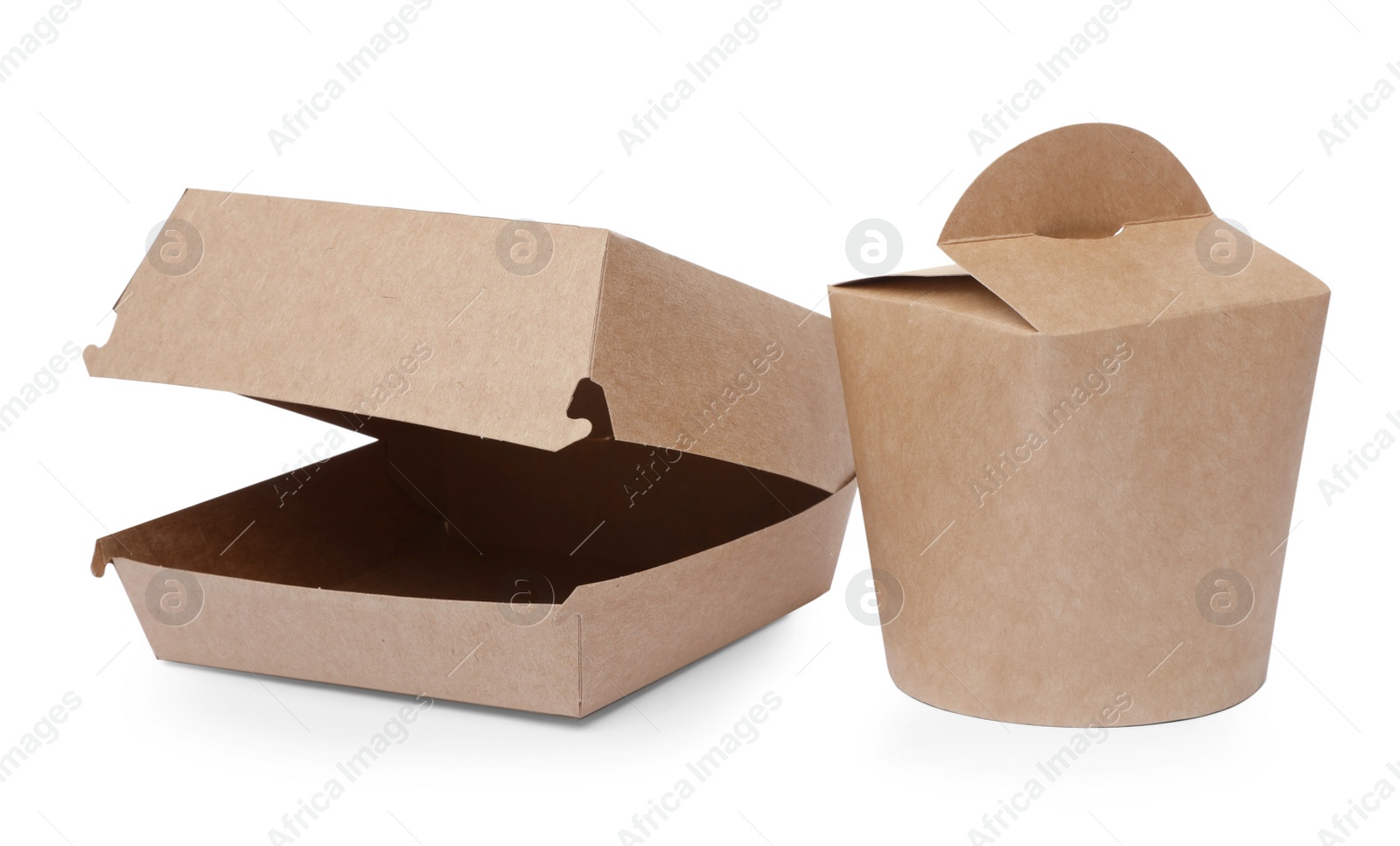 Photo of Paper boxes on white background. Containers for food