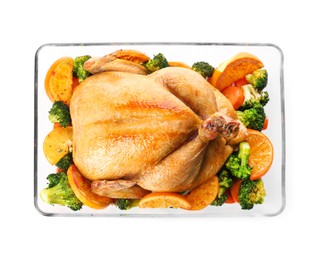 Photo of Roasted chicken with oranges and vegetables isolated on white, top view