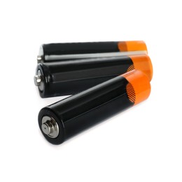 Many new AA batteries on white background