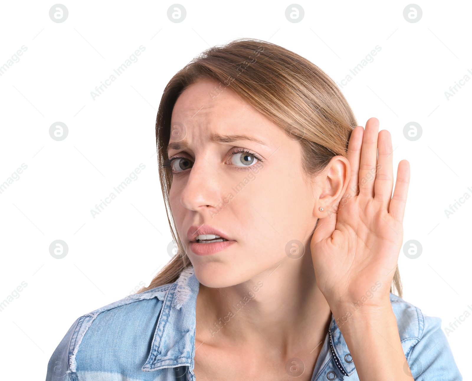 Photo of Young woman with hearing problem on white background