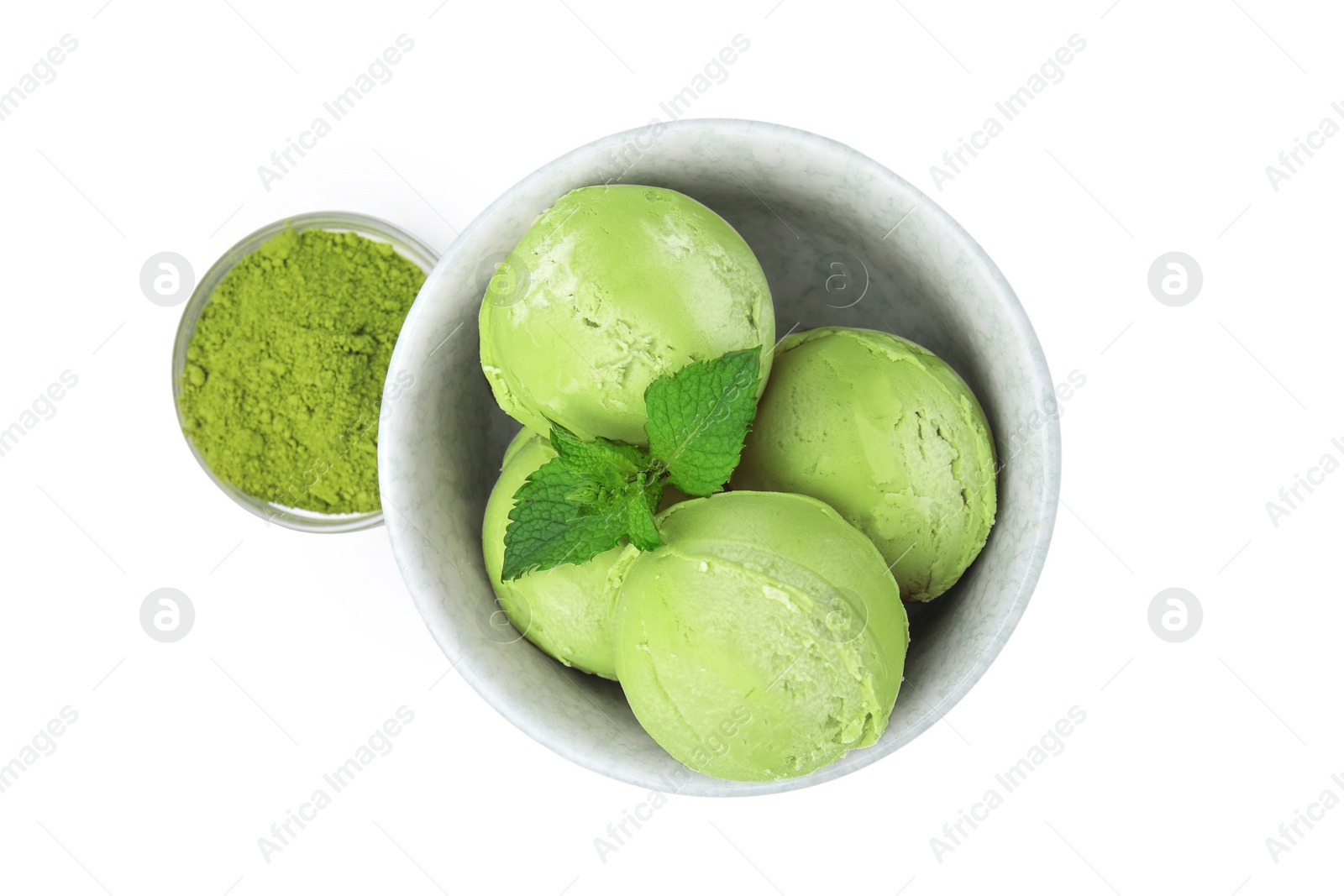 Photo of Tasty matcha ice cream and powder isolated on white, top view