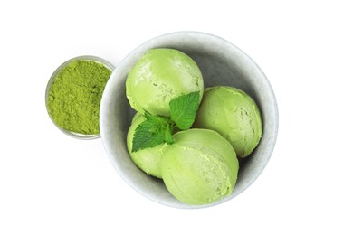 Photo of Tasty matcha ice cream and powder isolated on white, top view