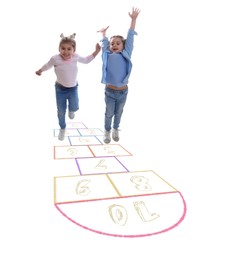 Cute little girls playing hopscotch on white background