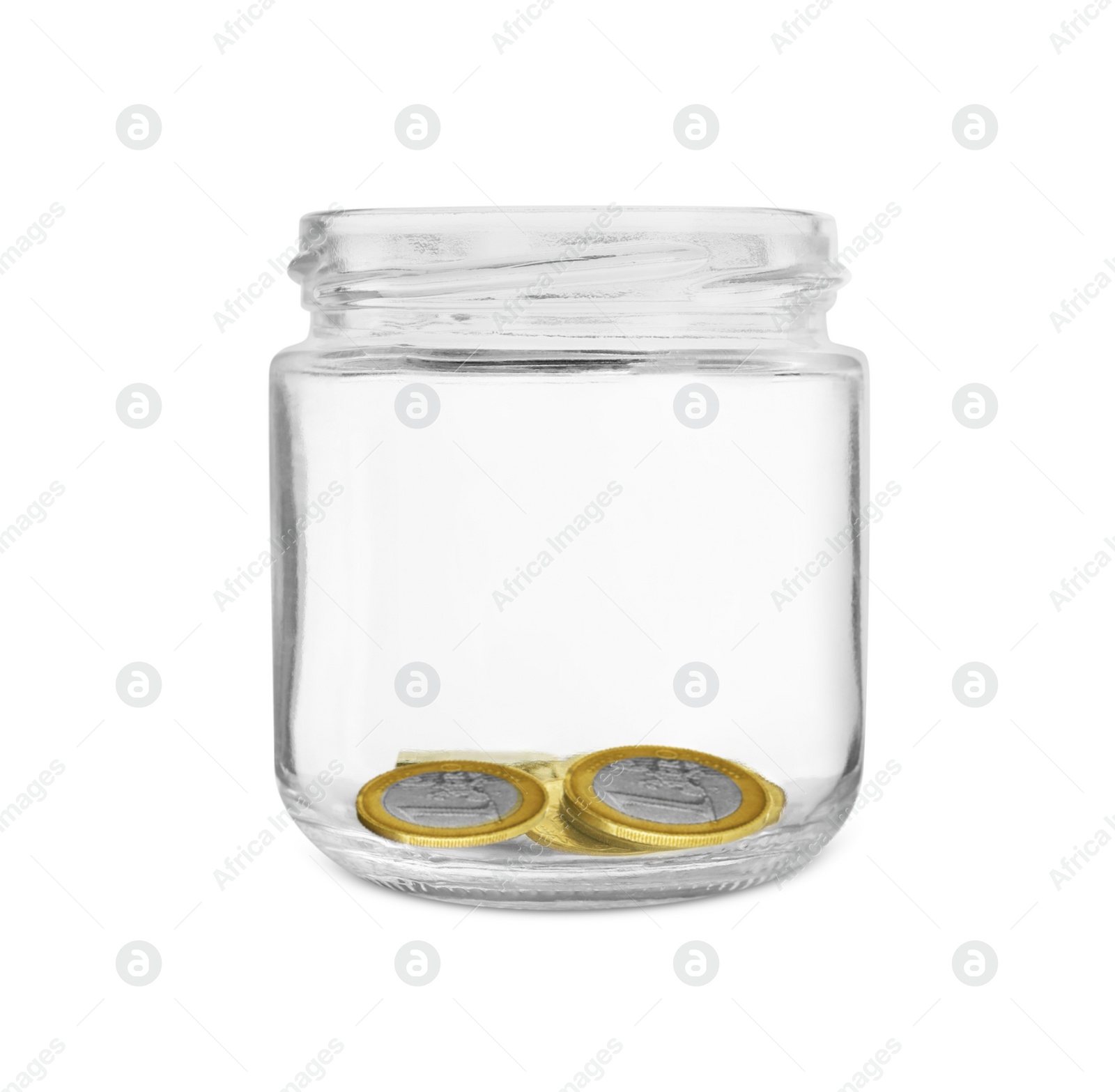 Photo of Glass jar with coins isolated on white