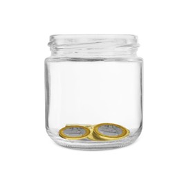 Photo of Glass jar with coins isolated on white