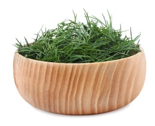 Fresh dill in wooden bowl isolated on white