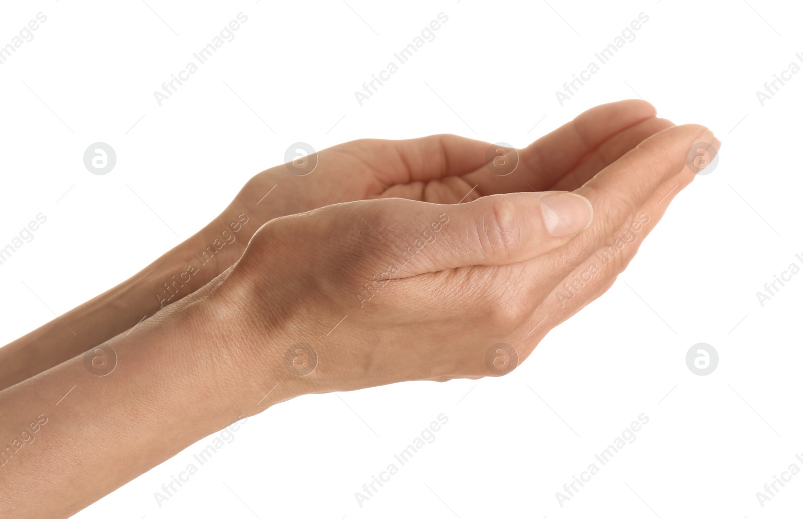 Photo of Woman holding something on white background, closeup