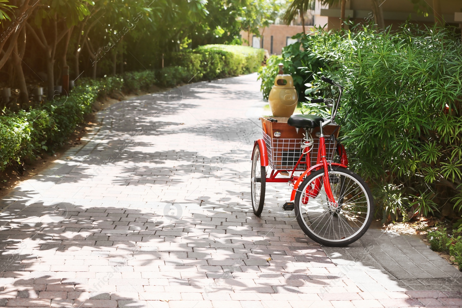 Photo of Red bicycle with basket parked on path