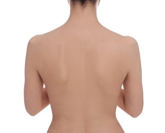 Back view of woman with perfect smooth skin on white background, closeup