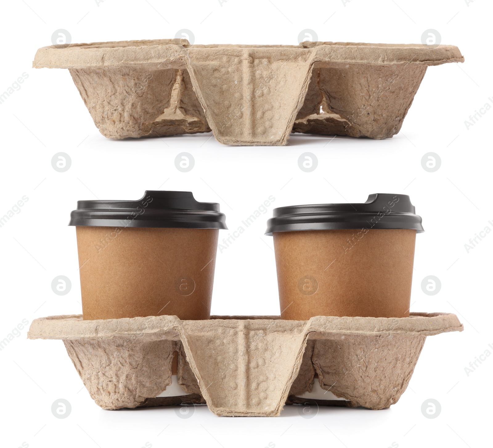 Image of Collage with paper coffee cups on white background