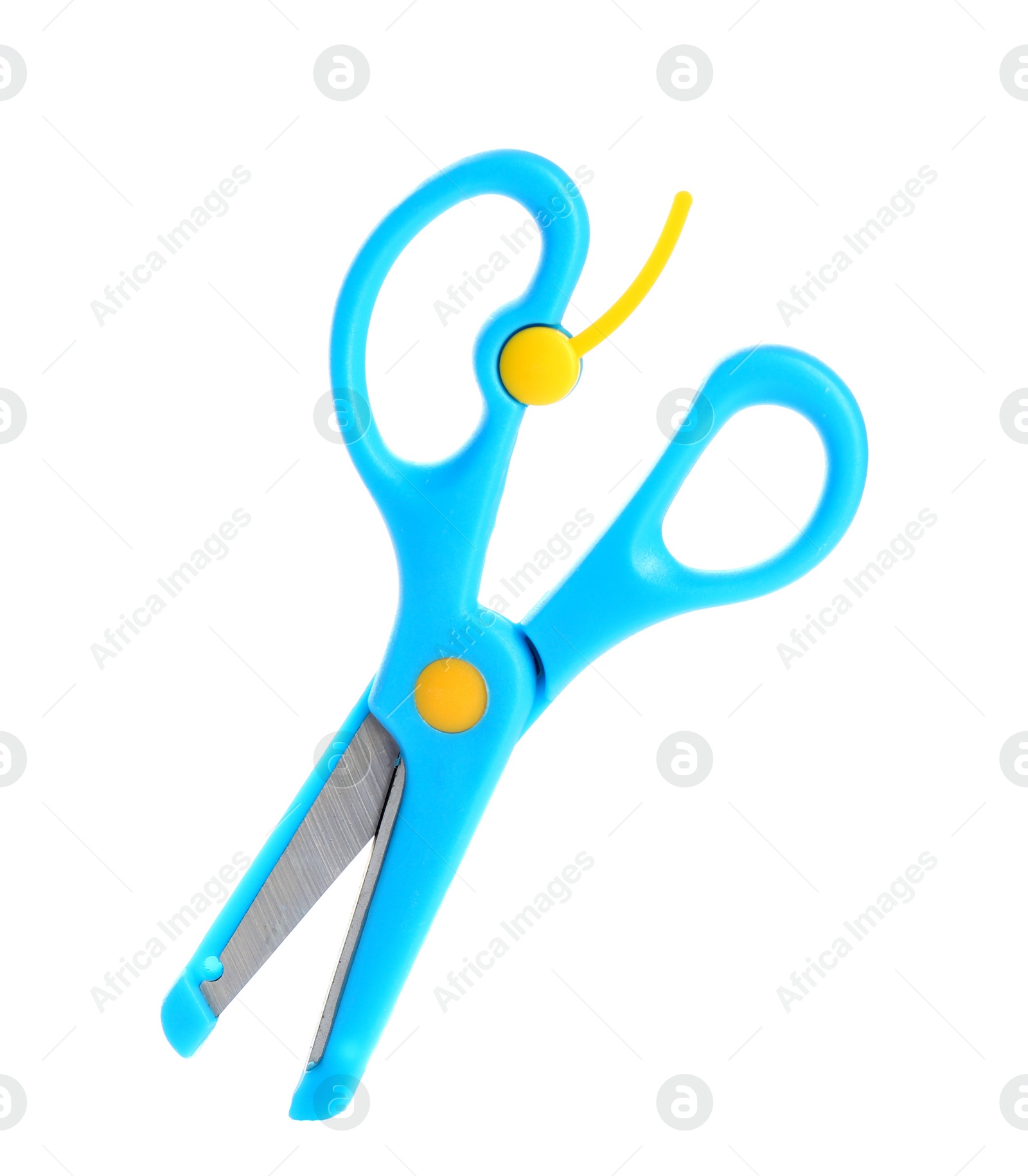 Photo of Pair of training scissors on white background