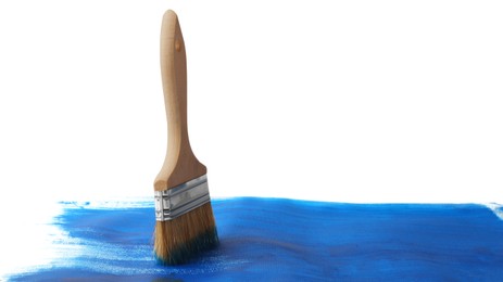 Photo of Blue paint stroke and brush on white background