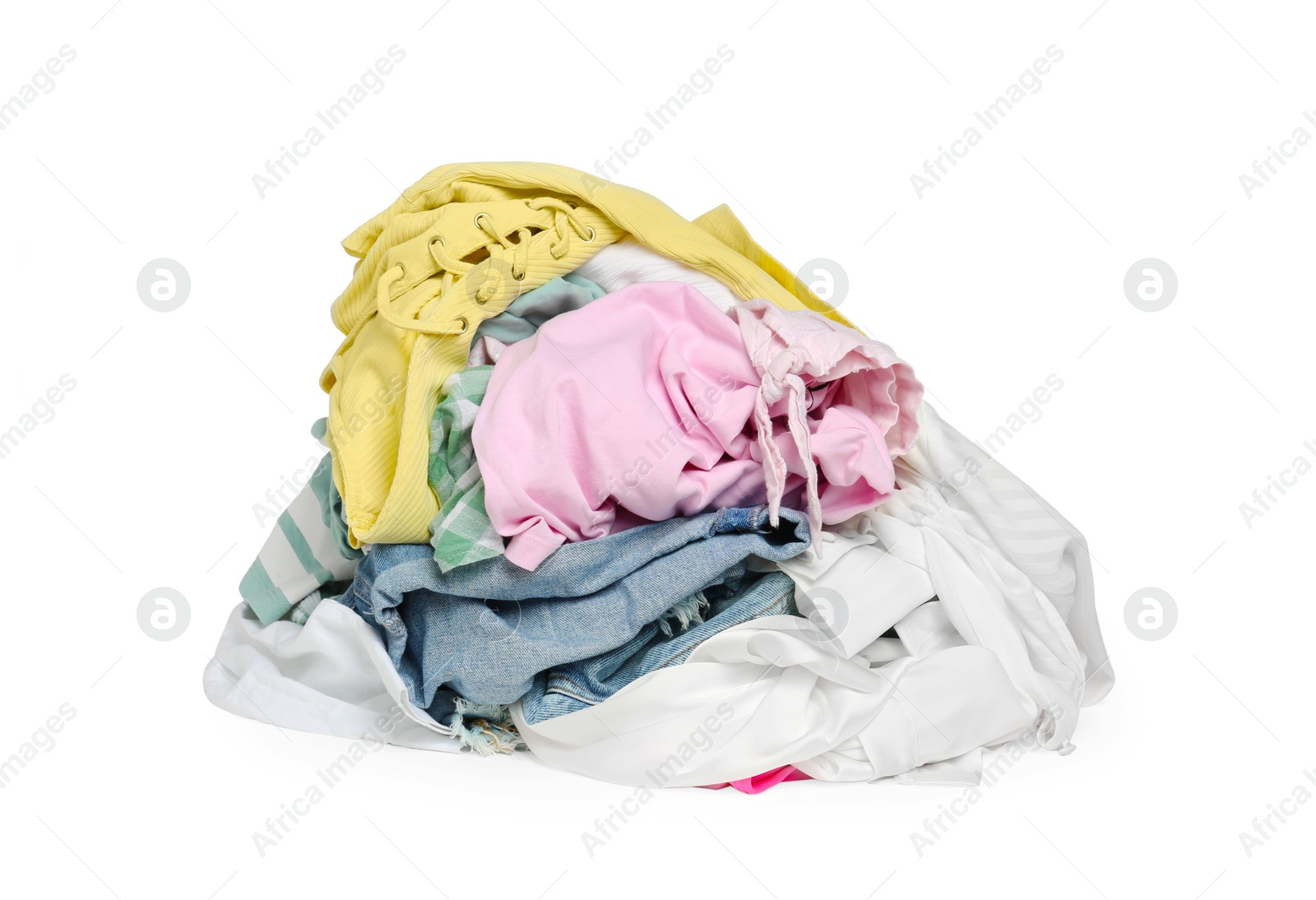 Photo of Pile of colorful clothes isolated on white