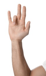 Photo of Man with trigger finger condition on white background, closeup