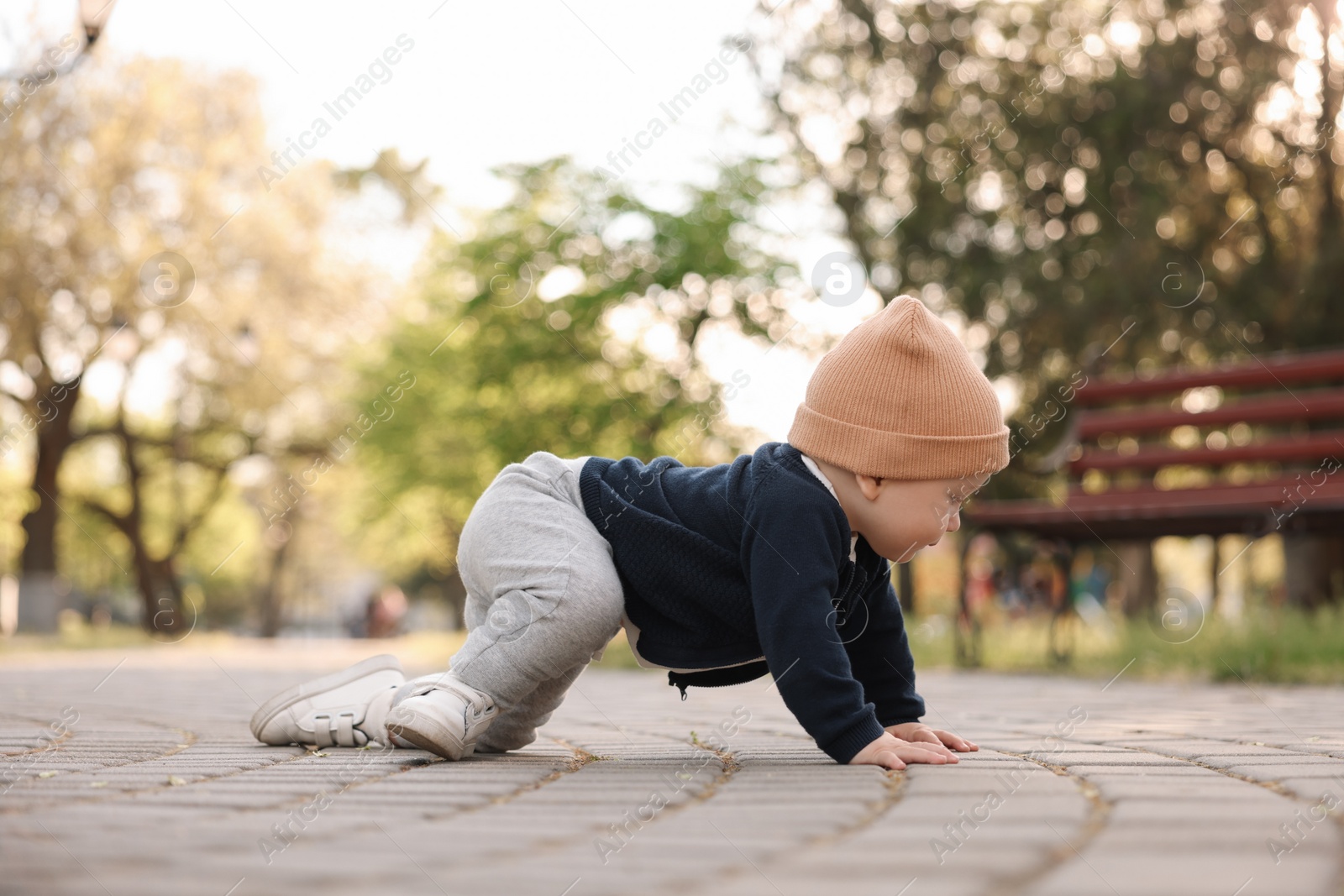 Photo of Learning to walk. Little baby crawling in park