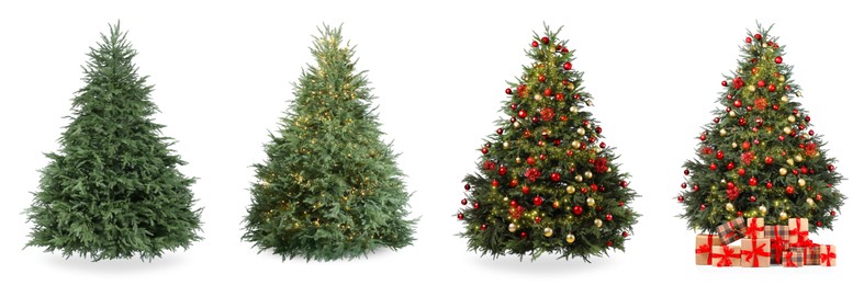 Image of Christmas tree isolated on white, step-by-step decorating