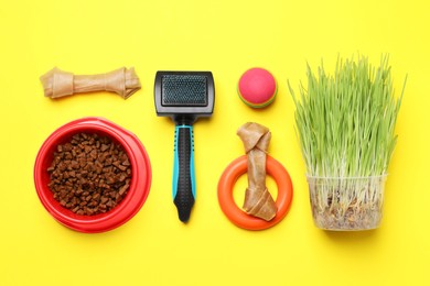 Pet toys, dog food and wheatgrass on yellow background, flat lay