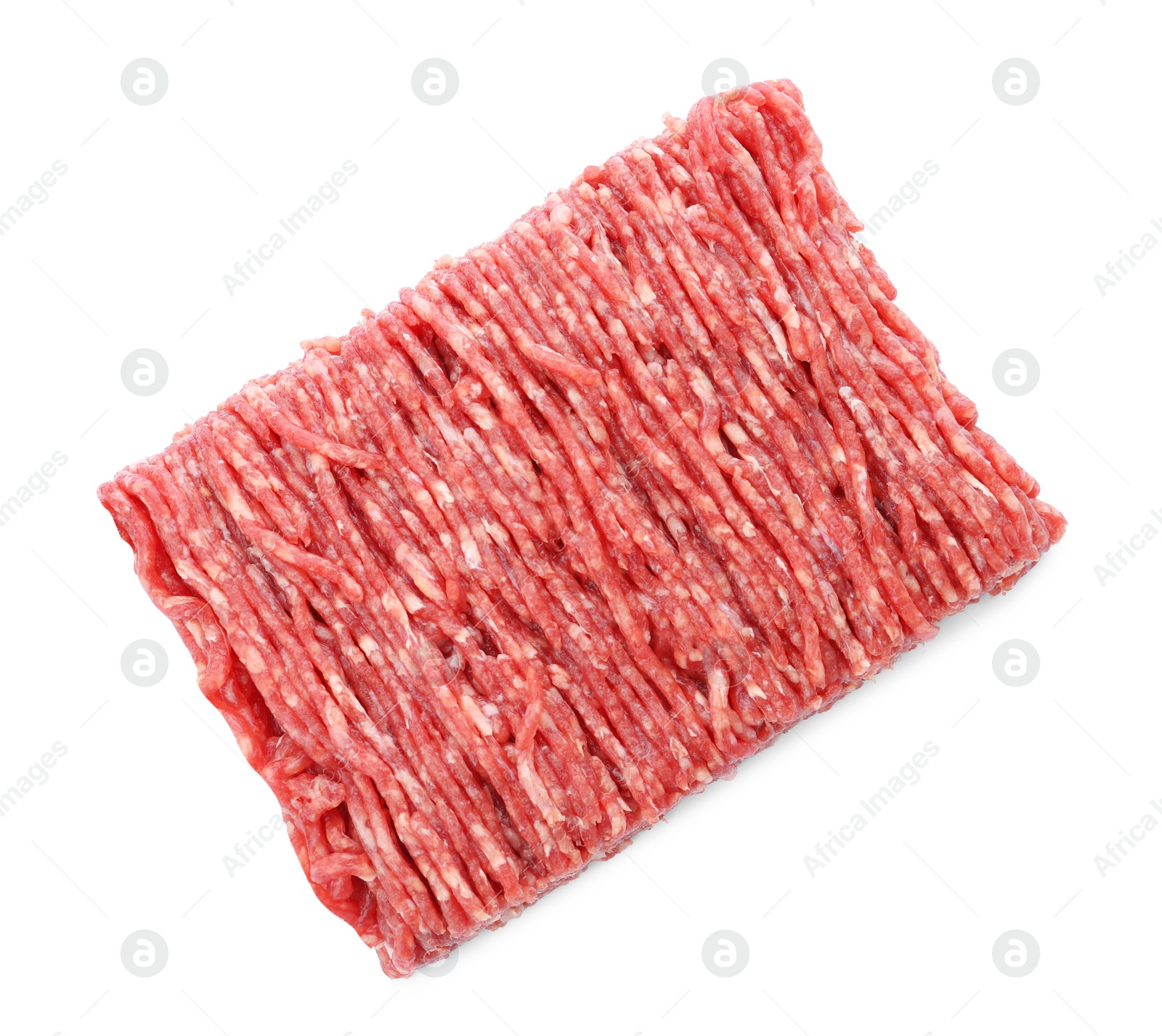 Photo of Fresh raw minced meat on white background, top view