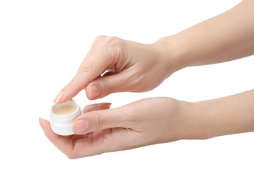 Photo of Woman applying petroleum jelly on white background, closeup