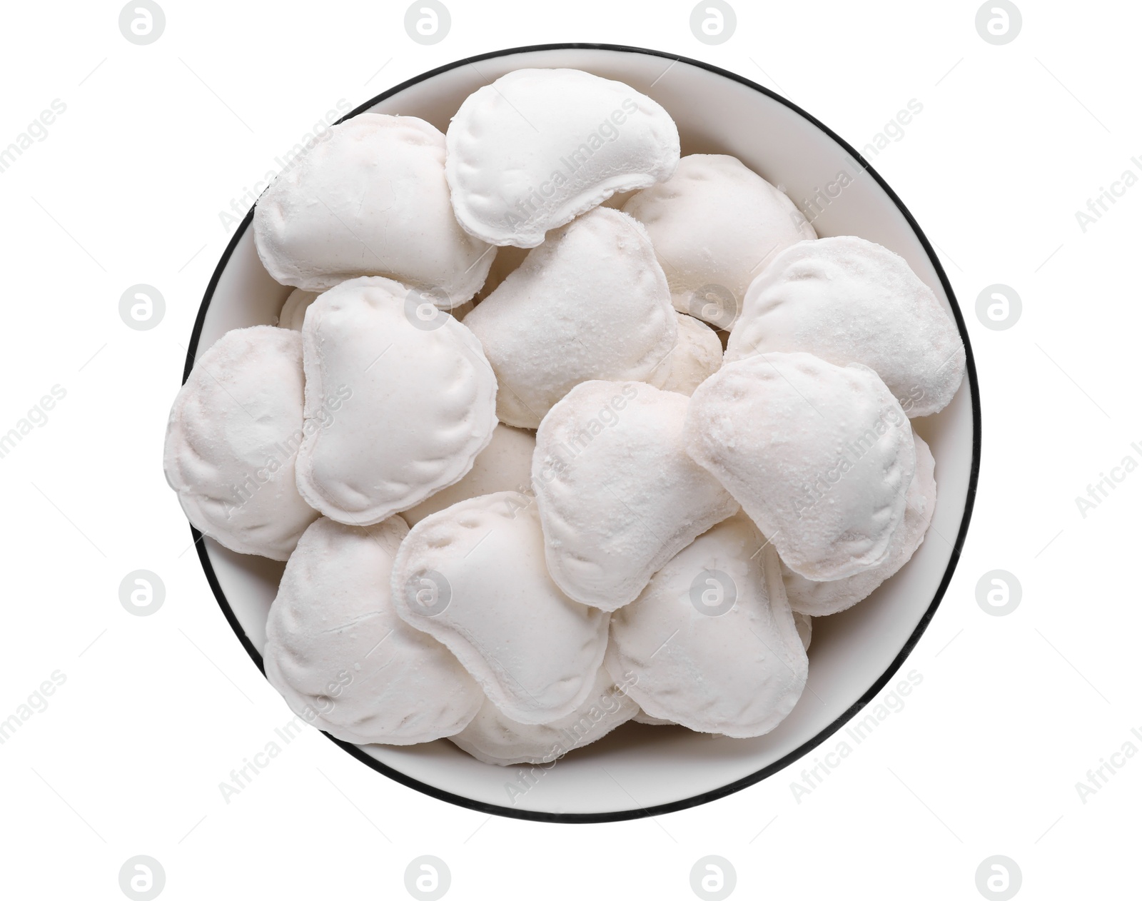 Photo of Raw dumplings (varenyky) on white background, top view