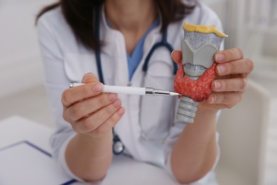 Photo of Doctor showing thyroid gland model indoors, closeup