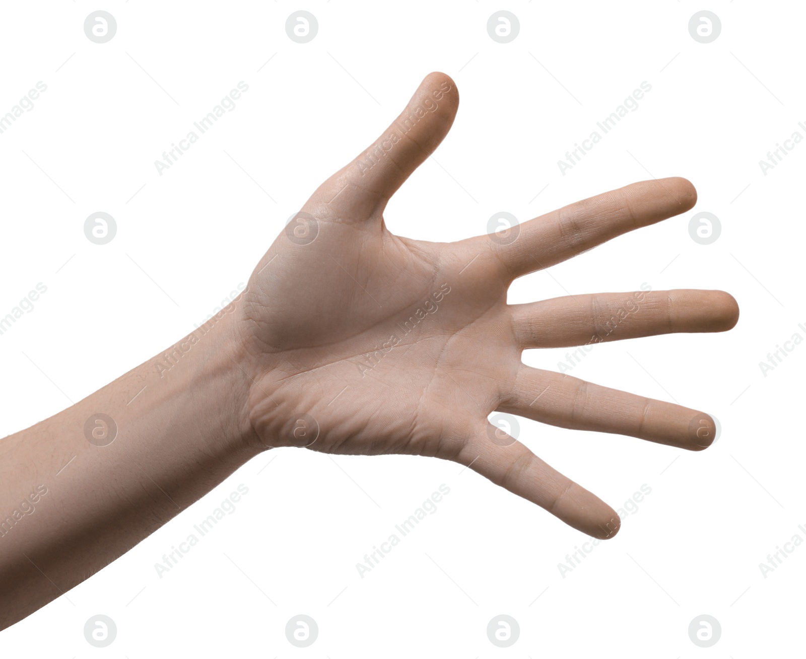 Photo of Man showing hand on white background, closeup