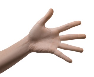 Photo of Man showing hand on white background, closeup