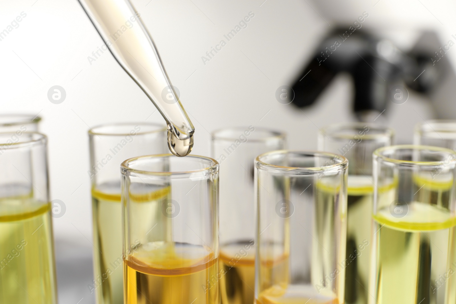 Photo of Dropping urine sample for analysis into tube, closeup