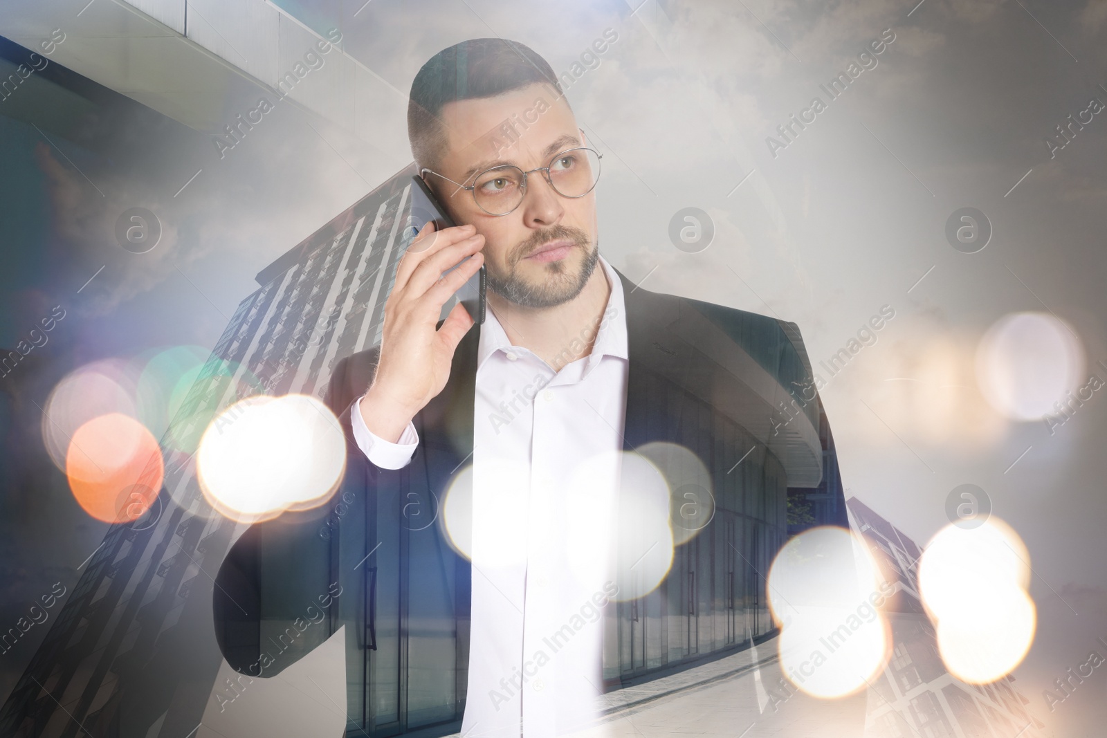 Image of Double exposure of businessman and cityscape. Leadership concept