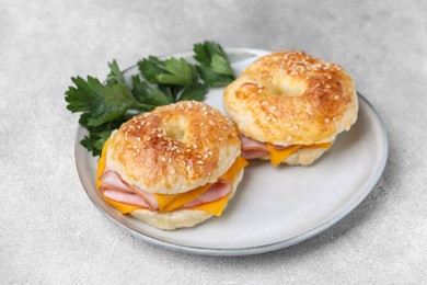 Photo of Delicious bagels with ham and cheese on light table
