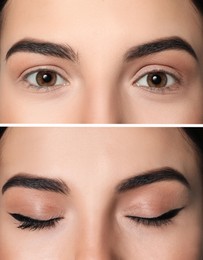 Collage with photos of woman before and after applying eyeliner, closeup view