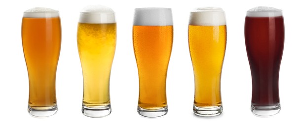 Set with glasses of cold tasty beer on white background. Banner design