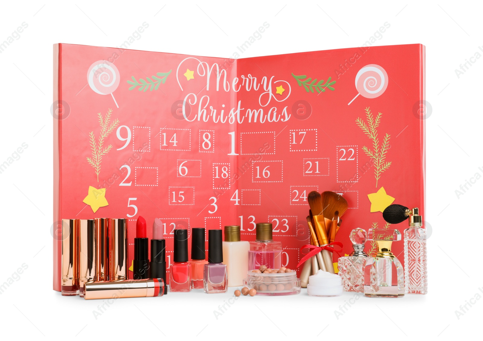 Christmas advent calendar with different cosmetics and perfumes isolated on white Photo of Christmas advent calendar with different cosmetics and perfumes isolated on white