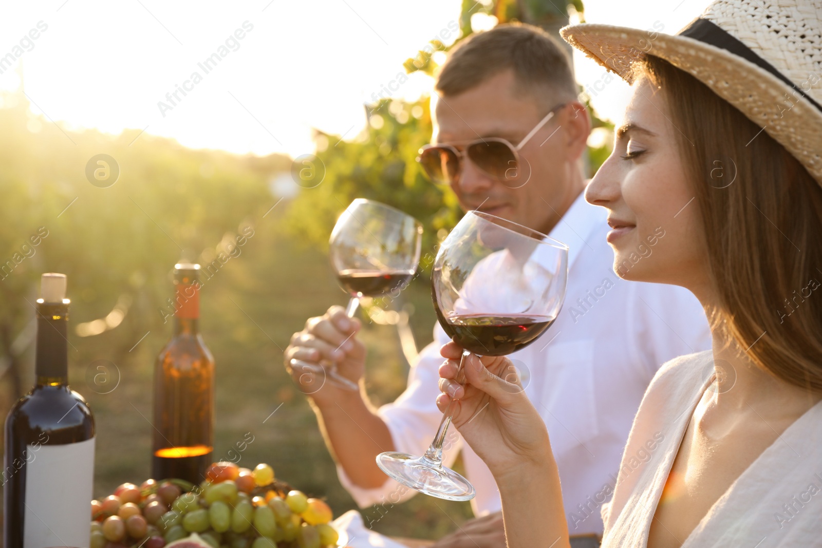 Photo of Couple tasting red wine at vineyard on sunny day