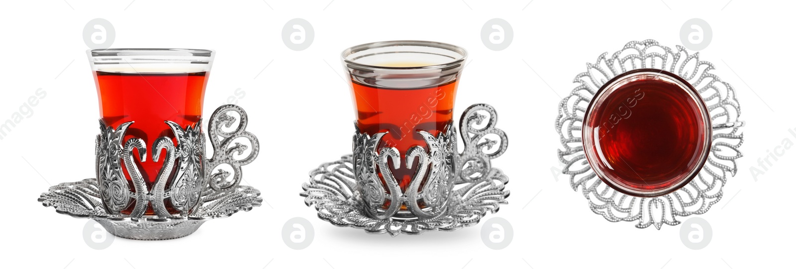 Image of Set with glasses of traditional Turkish tea in vintage holders on white background. Banner design