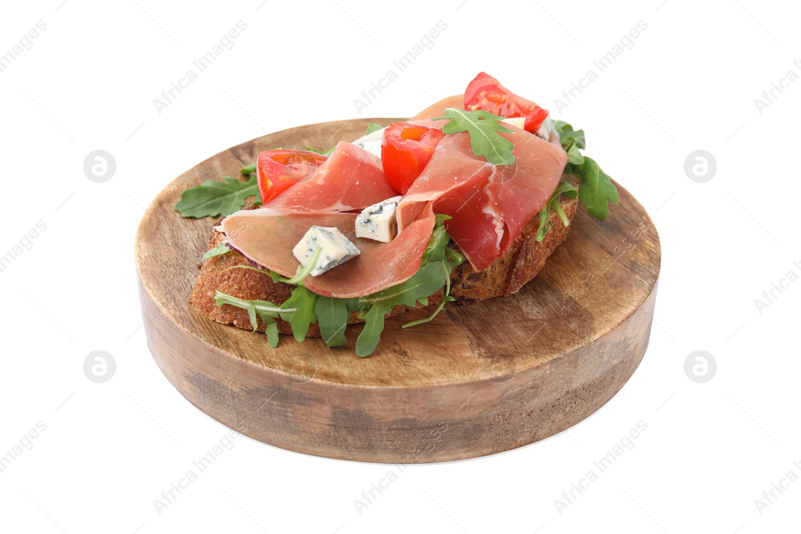 Photo of Tasty bruschetta with prosciutto, arugula, cheese and tomato on white background