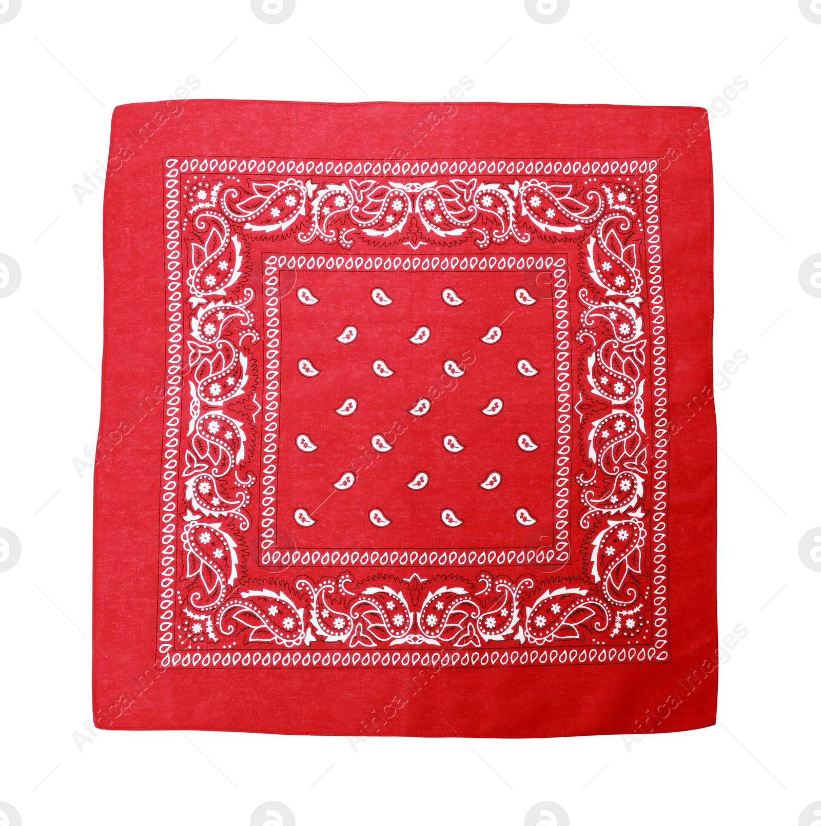 Photo of Red bandana with paisley pattern isolated on white, top view